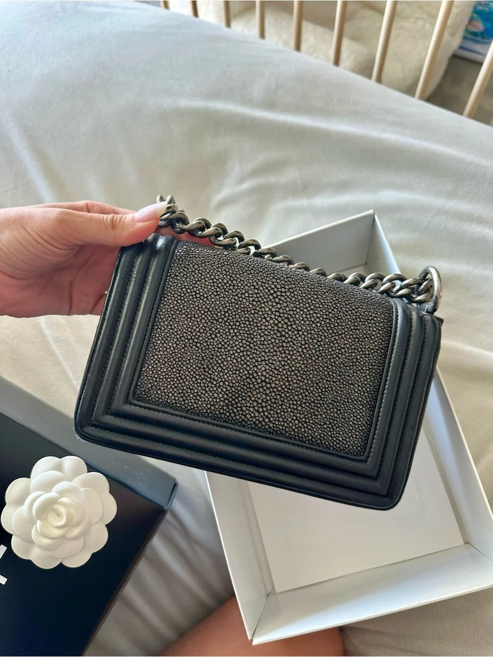 CHANEL Black Stingray-Textured Boy Crossbody with Silver Hardware